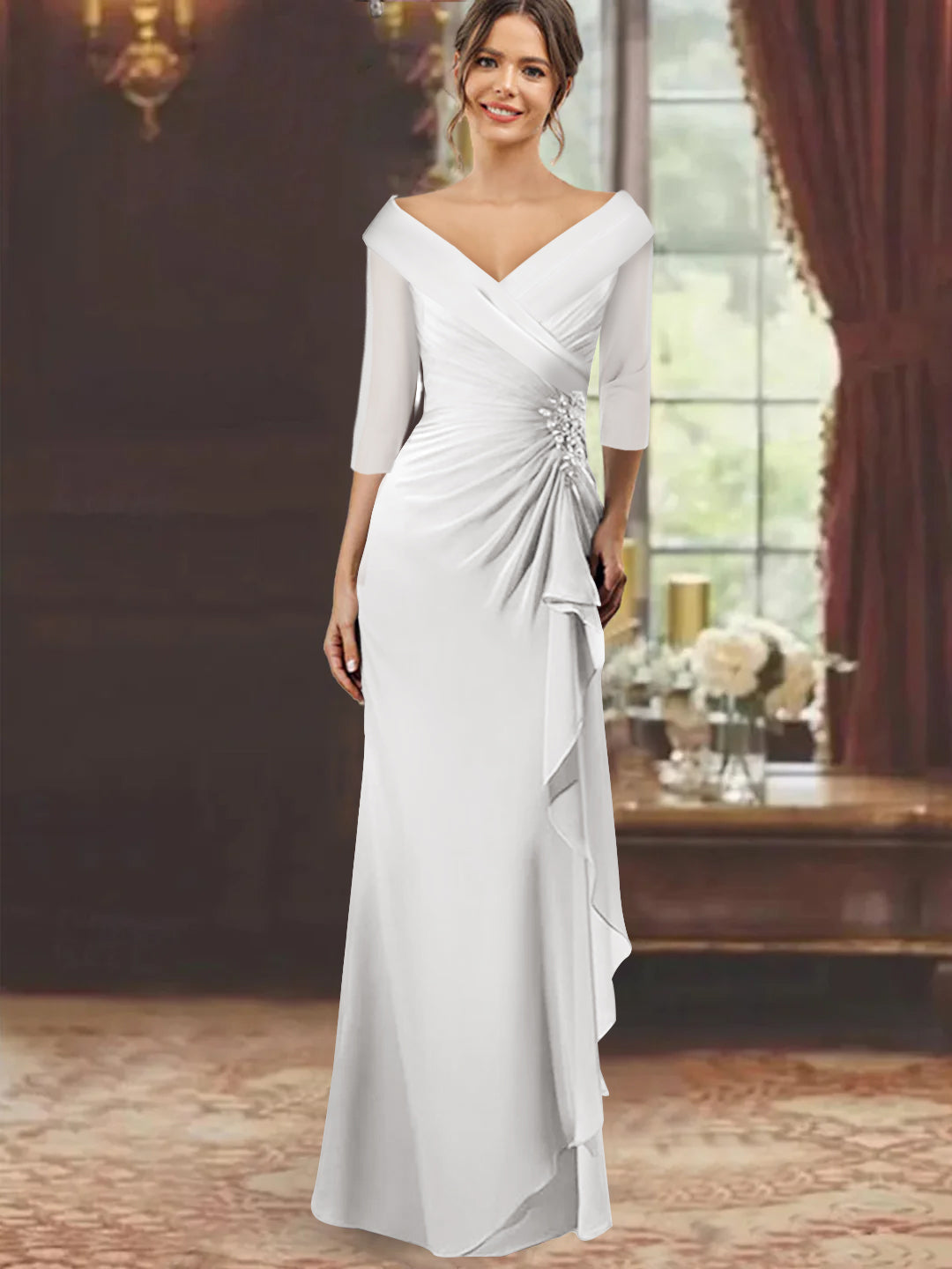 V Neck Long Mother of the Bride Dress with Ruffles and Appliques Half Sleeves