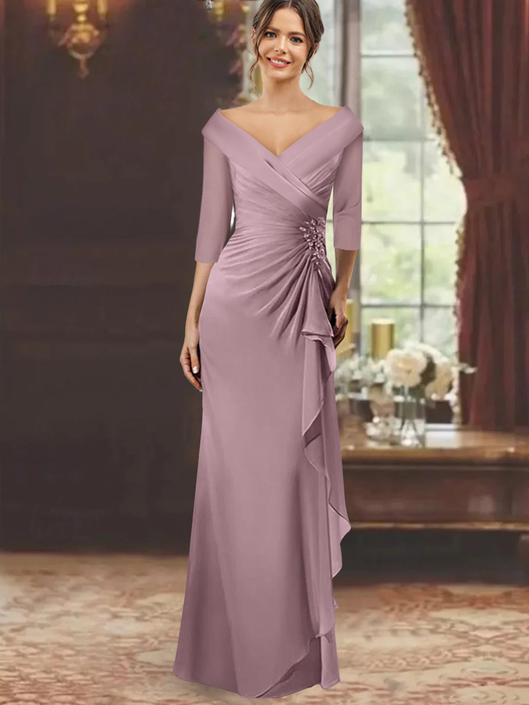 V Neck Long Mother of the Bride Dress with Ruffles and Appliques Half Sleeves