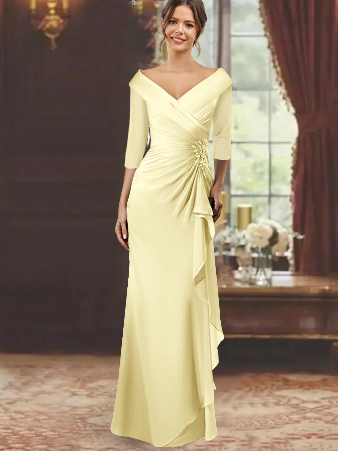 V Neck Long Mother of the Bride Dress with Ruffles and Appliques Half Sleeves