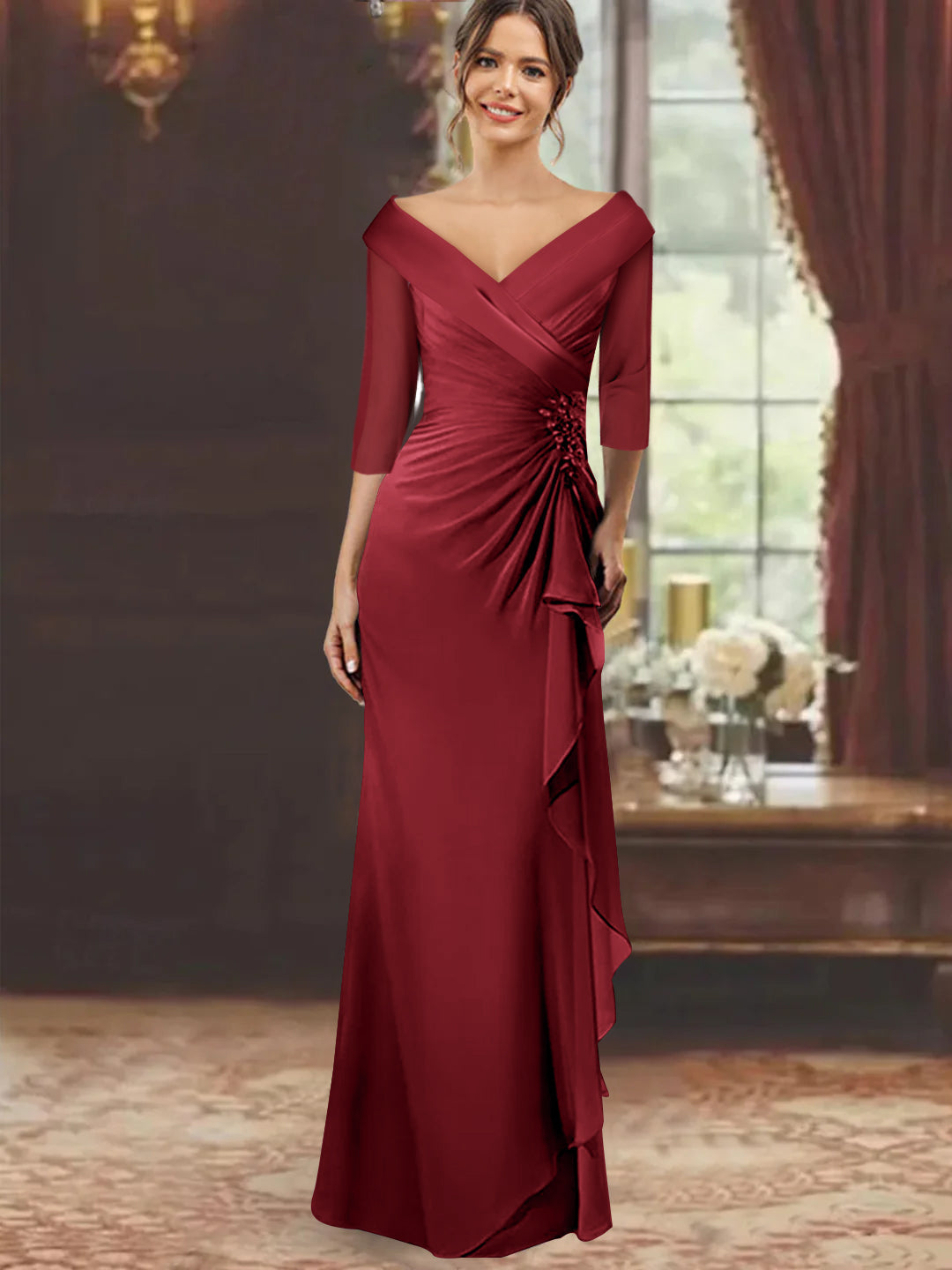 V Neck Long Mother of the Bride Dress with Ruffles and Appliques Half Sleeves