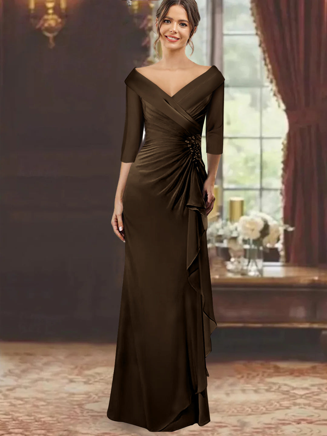 V Neck Long Mother of the Bride Dress with Ruffles and Appliques Half Sleeves