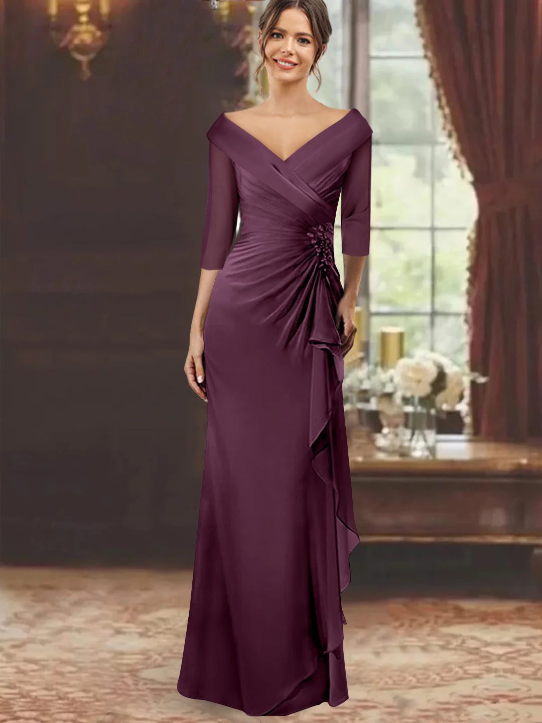 V Neck Long Mother of the Bride Dress with Ruffles and Appliques Half Sleeves