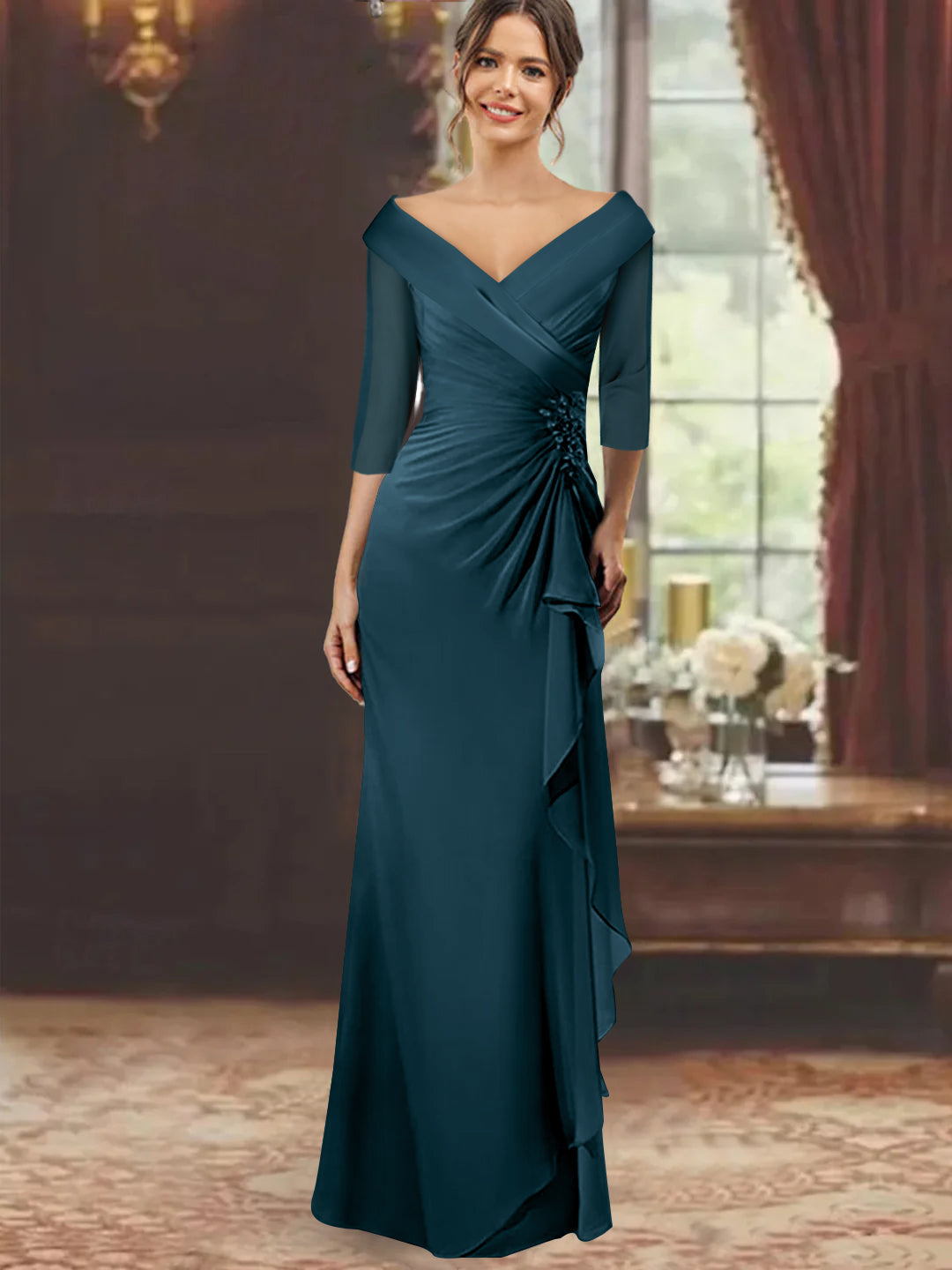 V Neck Long Mother of the Bride Dress with Ruffles and Appliques Half Sleeves