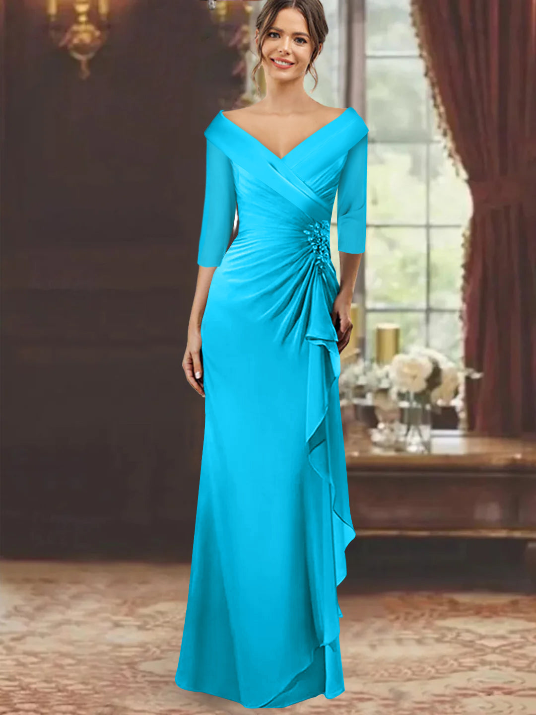 V Neck Long Mother of the Bride Dress with Ruffles and Appliques Half Sleeves