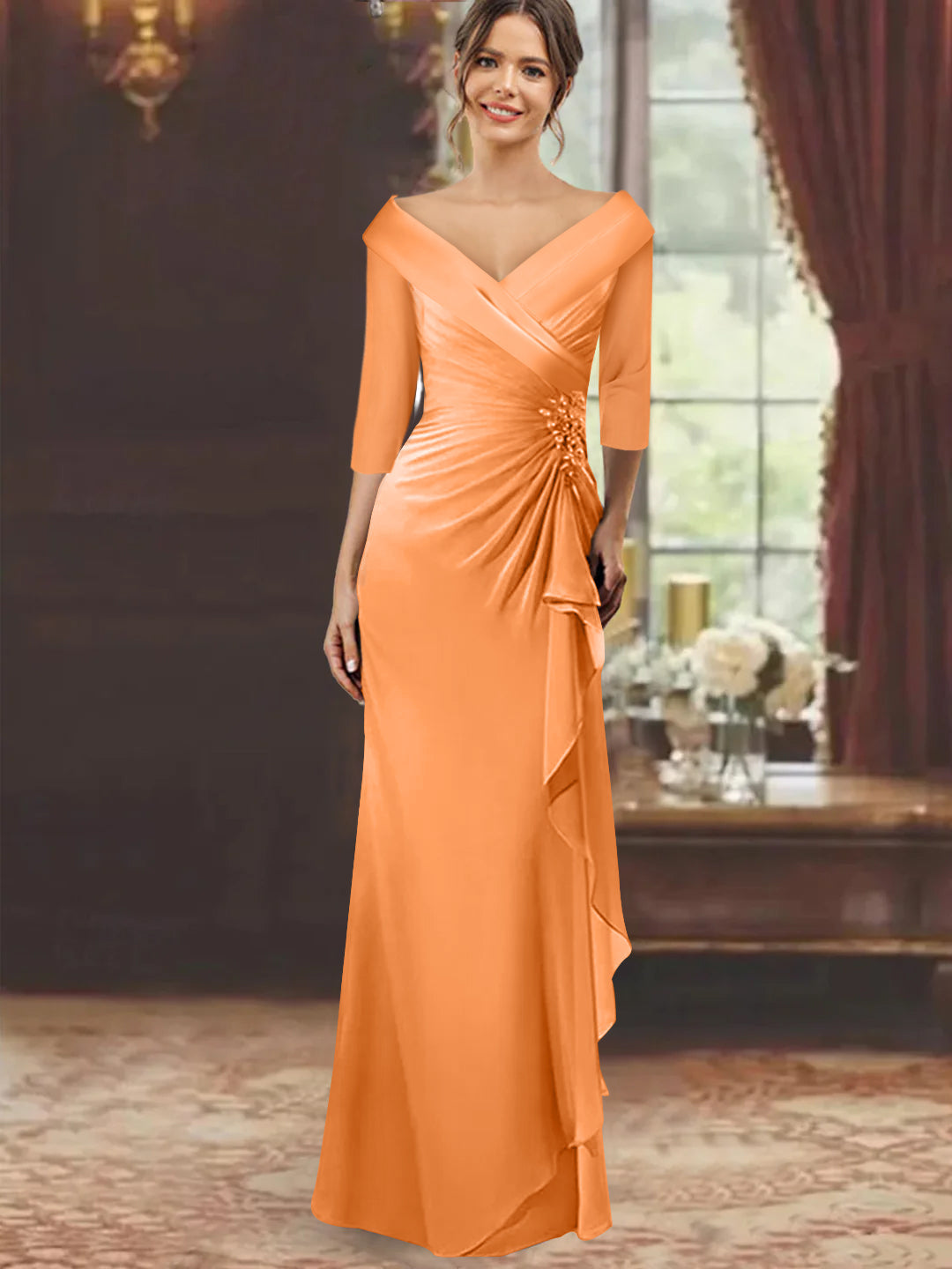 V Neck Long Mother of the Bride Dress with Ruffles and Appliques Half Sleeves