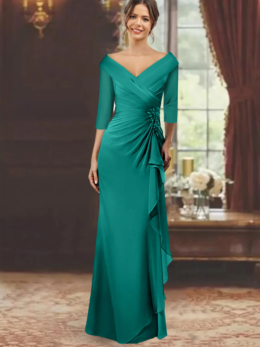 V Neck Long Mother of the Bride Dress with Ruffles and Appliques Half Sleeves