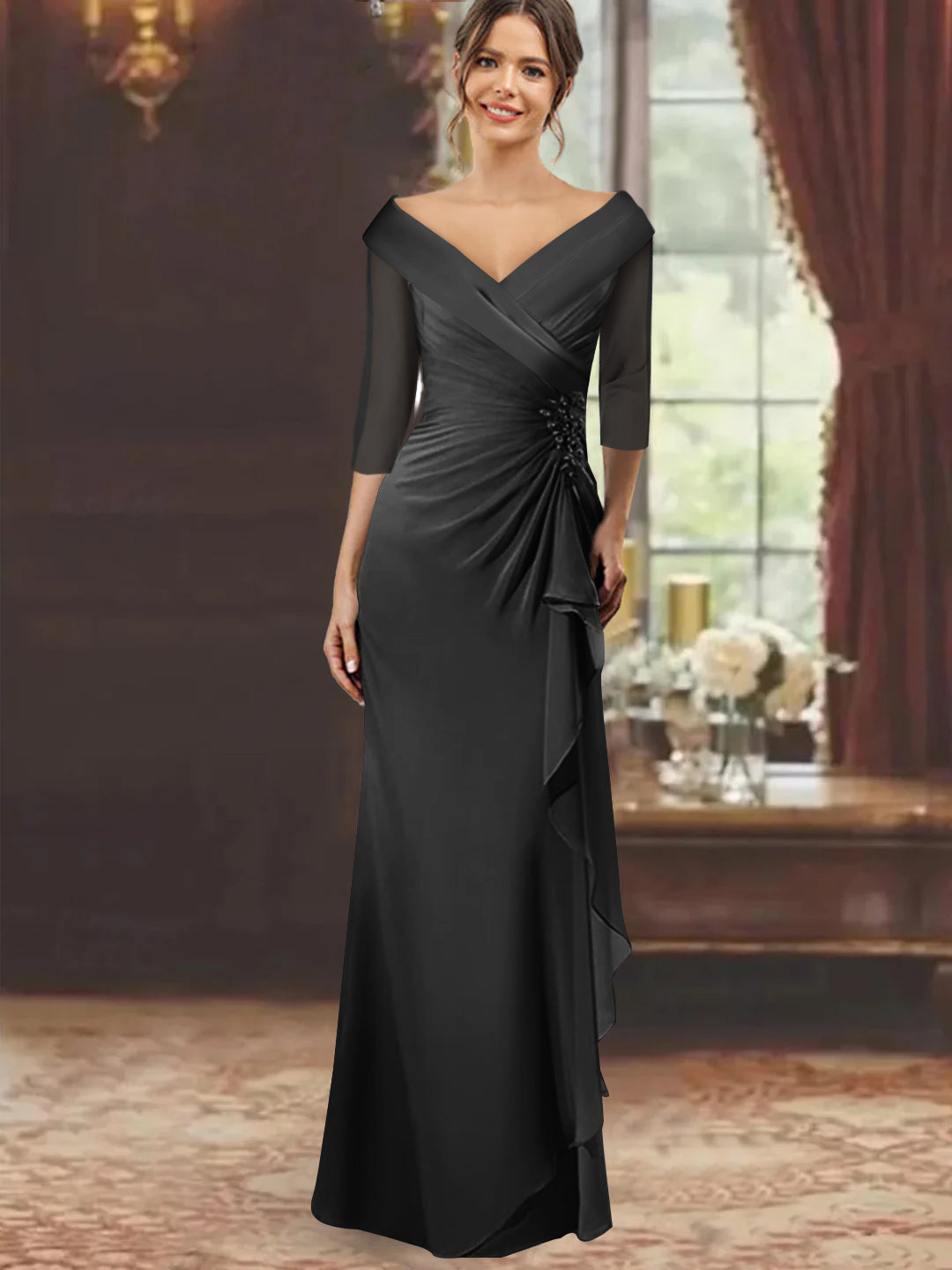 V Neck Long Mother of the Bride Dress with Ruffles and Appliques Half Sleeves