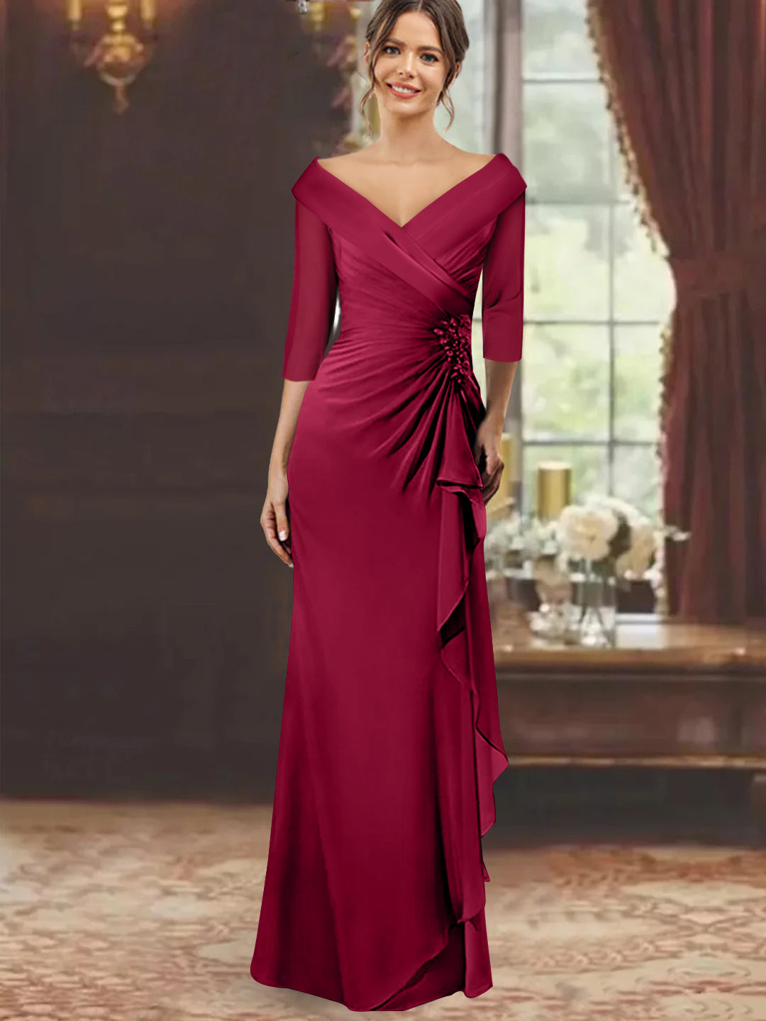 V Neck Long Mother of the Bride Dress with Ruffles and Appliques Half Sleeves