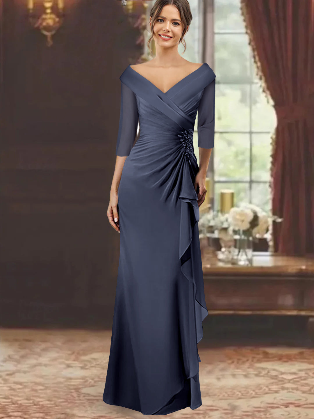 V Neck Long Mother of the Bride Dress with Ruffles and Appliques Half Sleeves