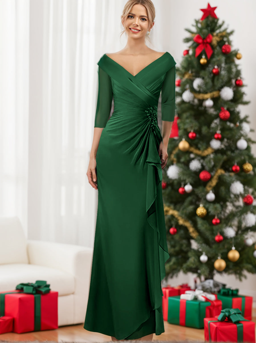 V Neck Long Mother of the Bride Dress with Ruffles and Appliques Half Sleeves