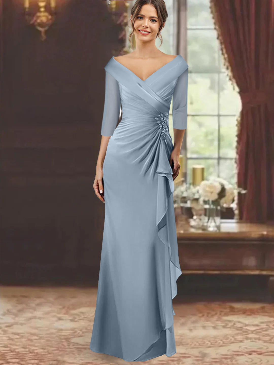 V Neck Long Mother of the Bride Dress with Ruffles and Appliques Half Sleeves