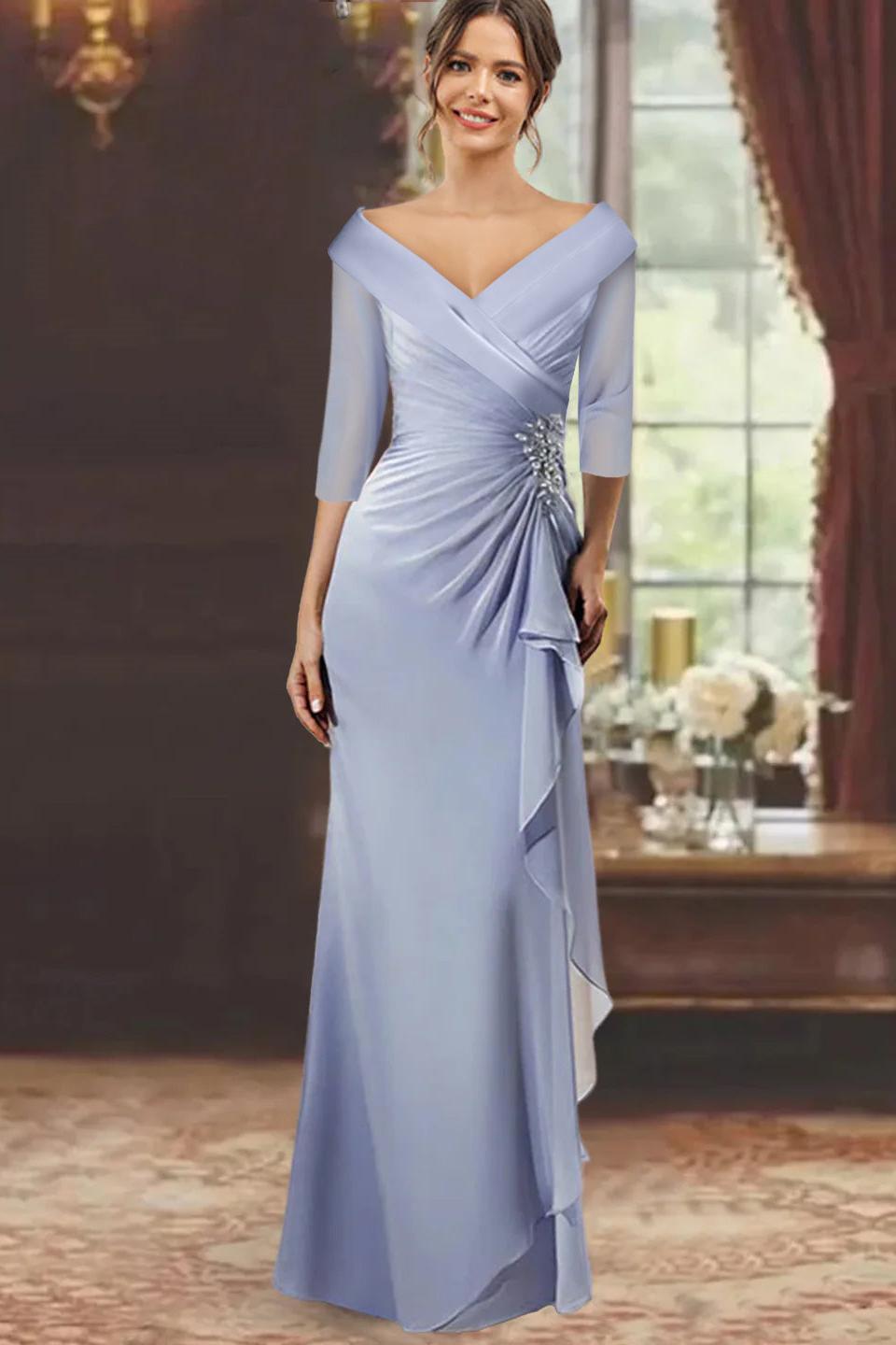 V Neck Long Mother of the Bride Dress with Ruffles and Appliques Half Sleeves