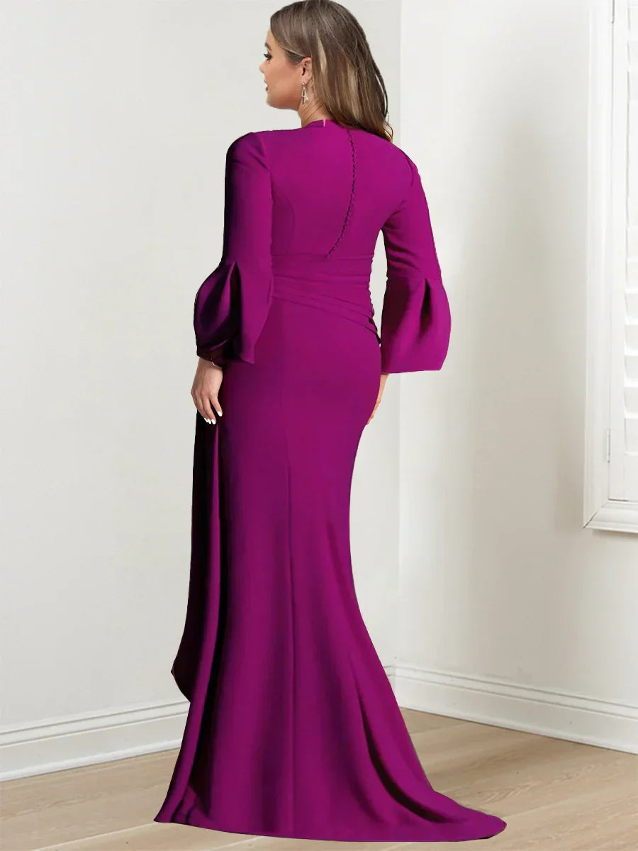V Neck Long Plus Size Mother of the Bride Gown With Side Split and Long Sleeves