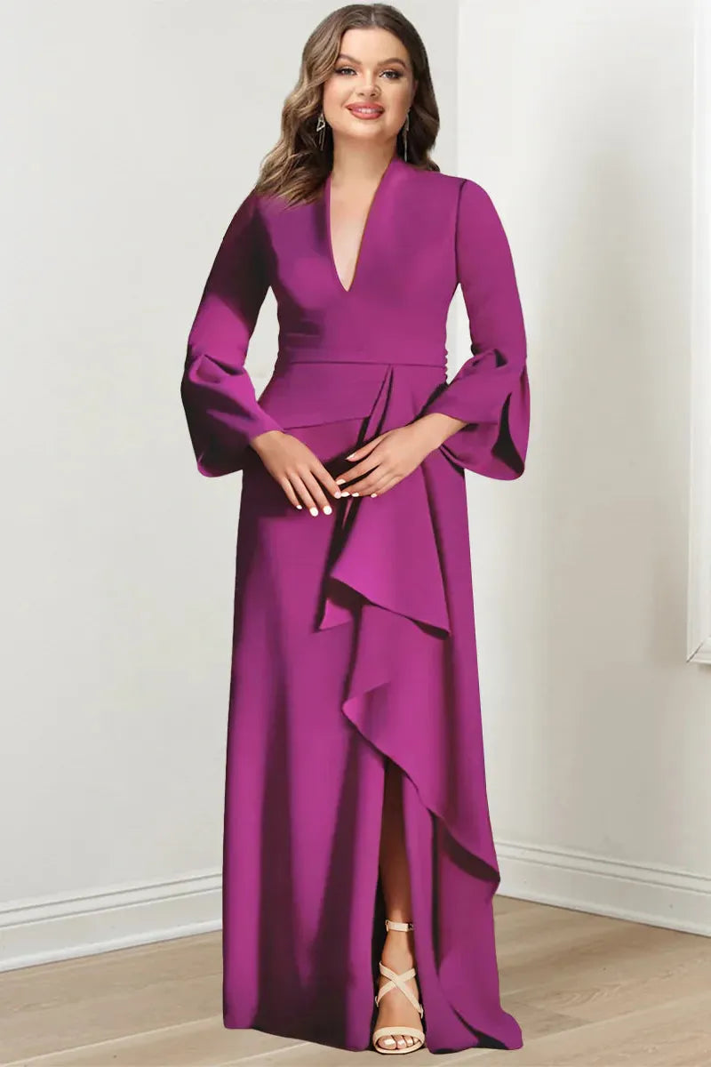 V Neck Long Plus Size Mother of the Bride Gown With Side Split and Long Sleeves