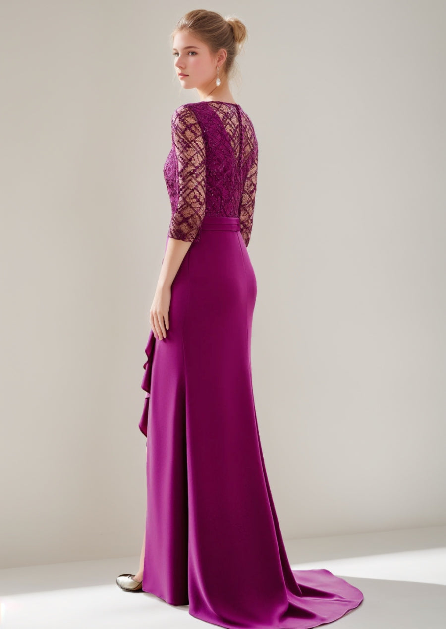 V Neck Long Trumpet Mermaid Mother of the Bride Dress with Slit Ruffles and Tulle Lace