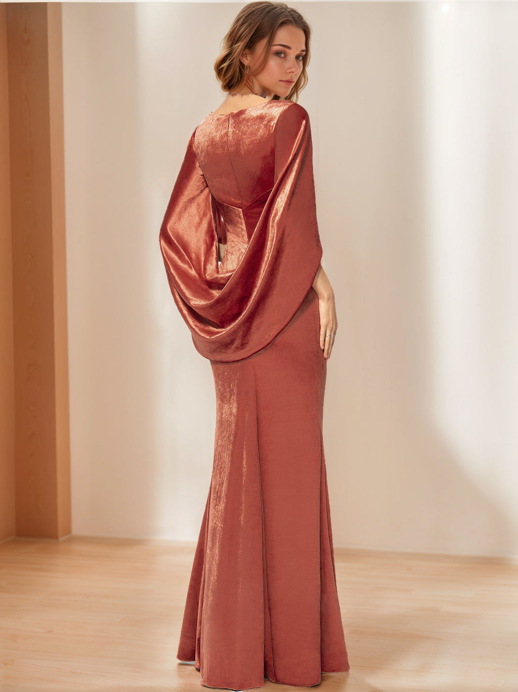 V Neck Long Velvet Mother of the Bride Sheath Dress with Ruffled Half Sleeves