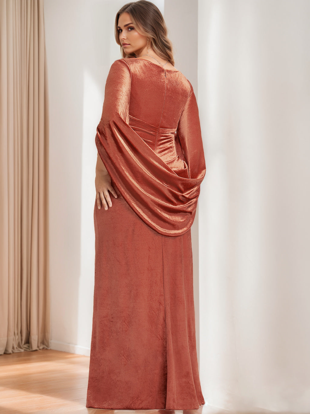 V Neck Long Velvet Mother of the Bride Sheath Dress with Ruffled Half Sleeves