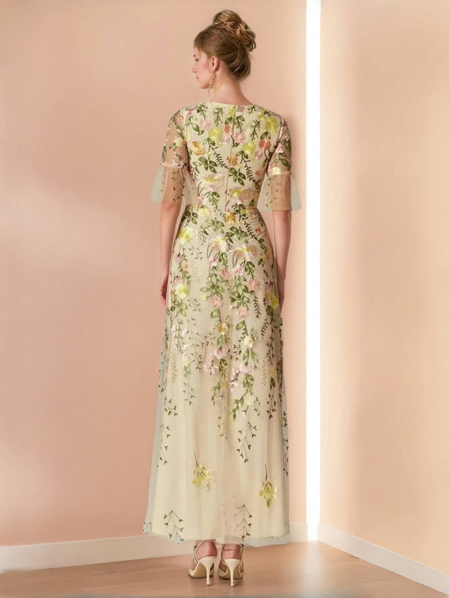 V Neck Floral A Line Mother of the Bride Dress with Short Sleeves and Embroidery