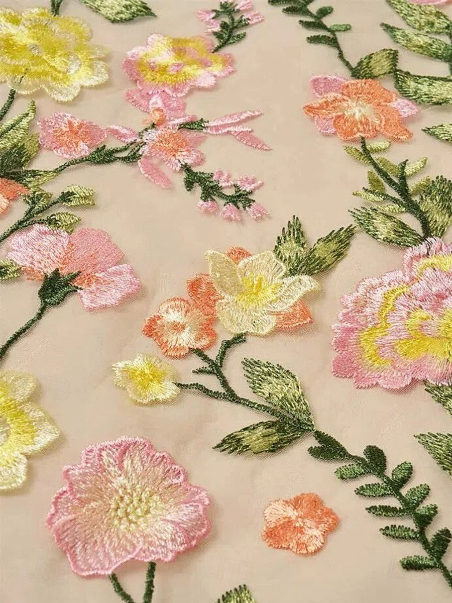 V Neck Floral A Line Mother of the Bride Dress with Short Sleeves and Embroidery