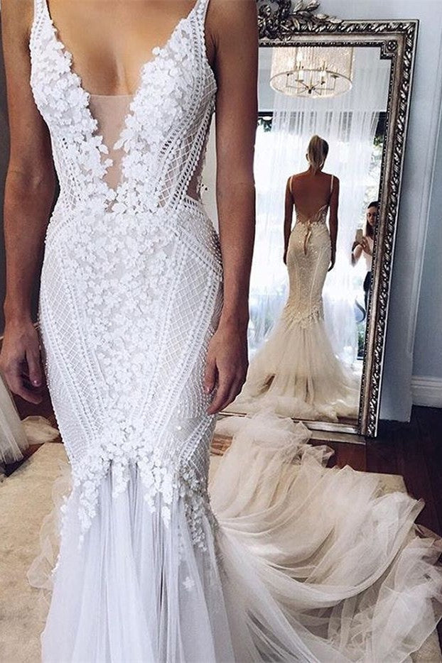 V-Neck Floral Appliques Mermaid Wedding Gowns  Open Back Popular Modern Wedding Dress BA4391