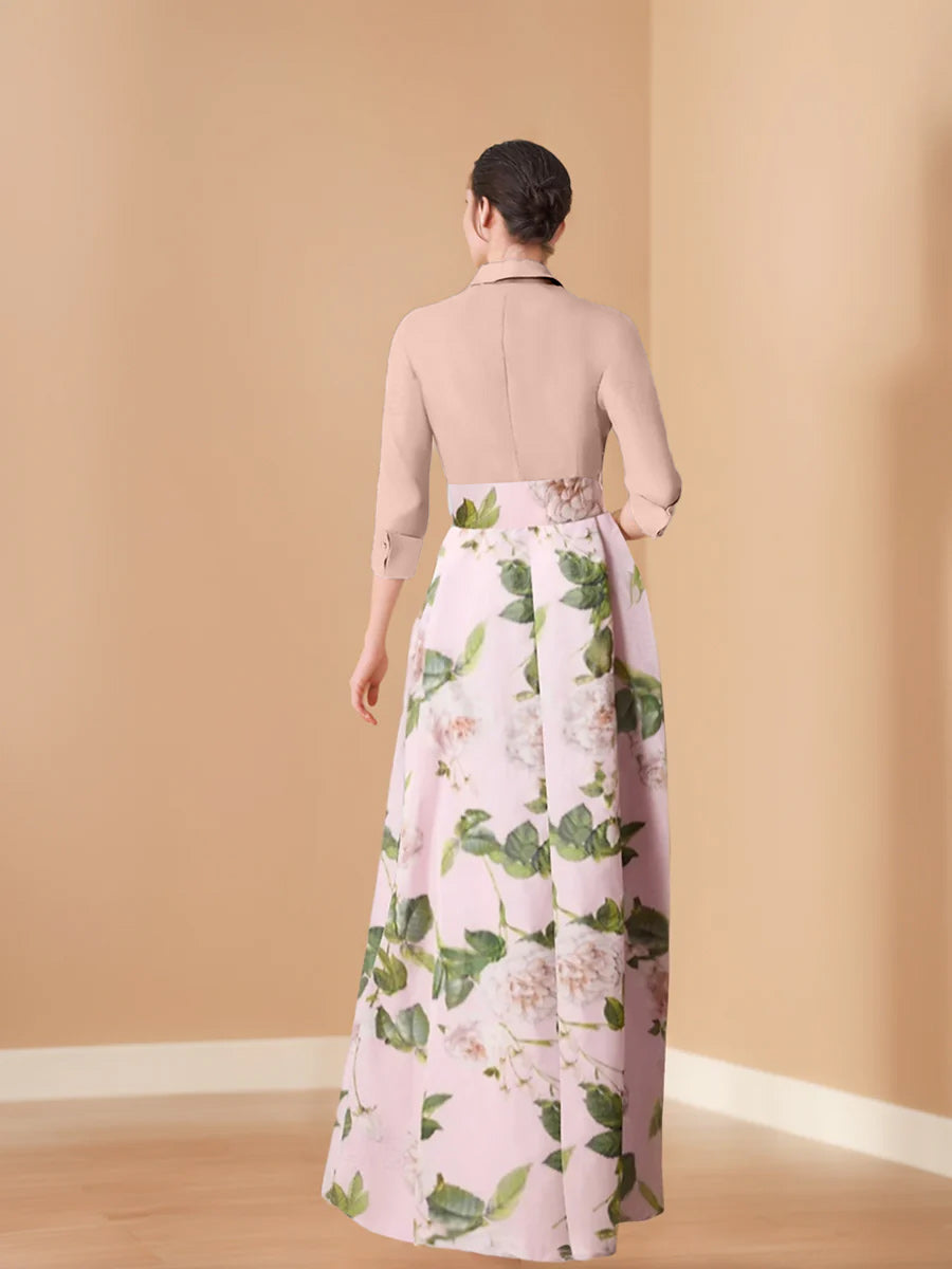 V Neck Floral Print Mother of the Bride Dress with Bow Belt A Line Cut and 3/4 Sleeves