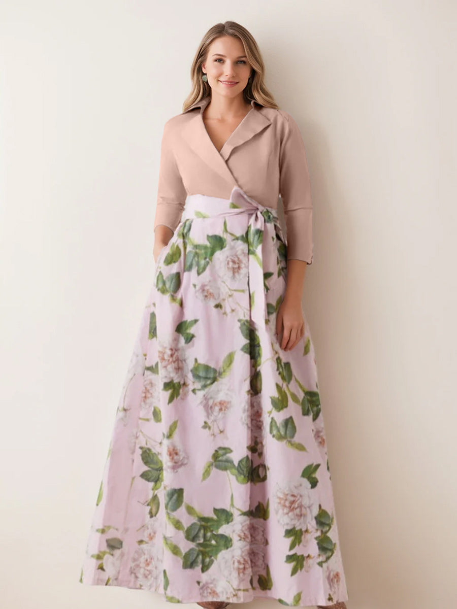 V Neck Floral Print Mother of the Bride Dress with Bow Belt A Line Cut and 3/4 Sleeves