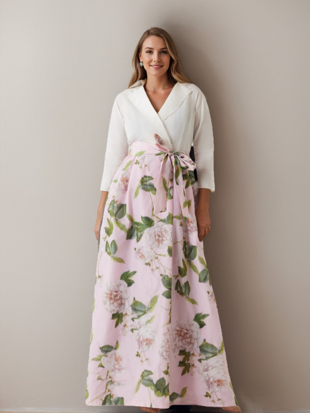 V Neck Floral Print Mother of the Bride Dress with Bow Belt A Line Cut and 3/4 Sleeves