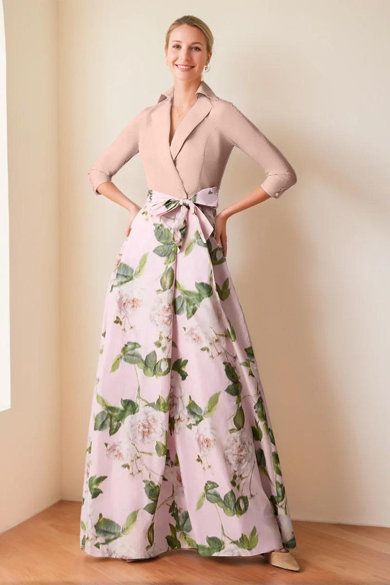 V Neck Floral Print Mother of the Bride Dress with Bow Belt A Line Cut and 3/4 Sleeves