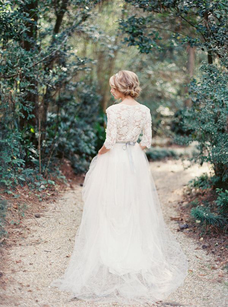 V-Neck Half Sleeve Lace Summer Wedding Dress Elegant Tulle  A-Line Bridal Gowns