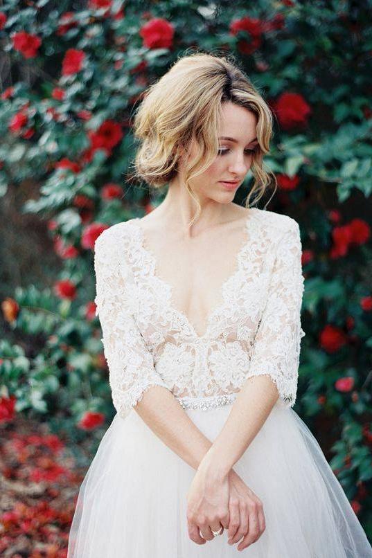V-Neck Half Sleeve Lace Summer Wedding Dress Elegant Tulle  A-Line Bridal Gowns