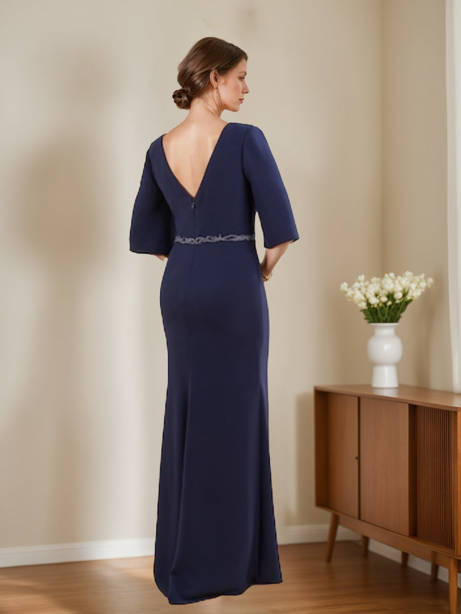 V Neck Half Sleeve Sheath Column Dress for Mothers of the Bride & Groom with Appliques and Side Split