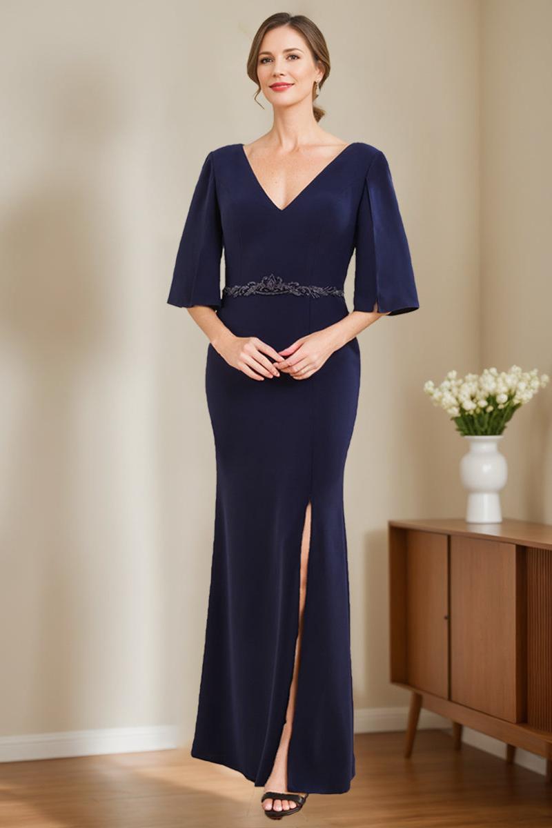 V Neck Half Sleeve Sheath Column Dress for Mothers of the Bride & Groom with Appliques and Side Split