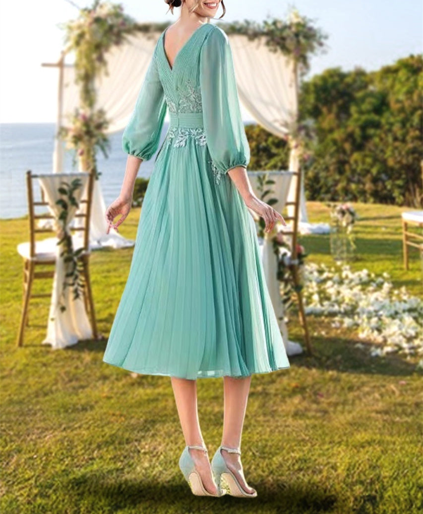 V Neck Knee Length A Line Dress for the Mother of the Bride with Lace Ruffle Embroidery