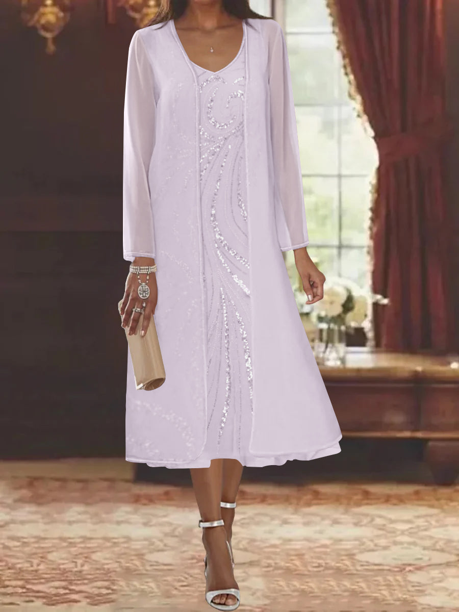 V Neck Long Sleeve Tea Length Mother of the Bride Dress with Jacket and Sequins