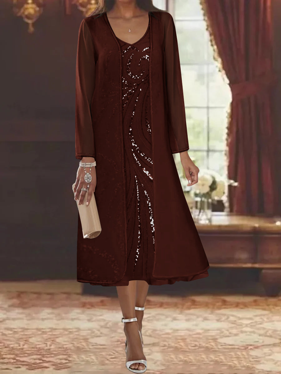 V Neck Long Sleeve Tea Length Mother of the Bride Dress with Jacket and Sequins
