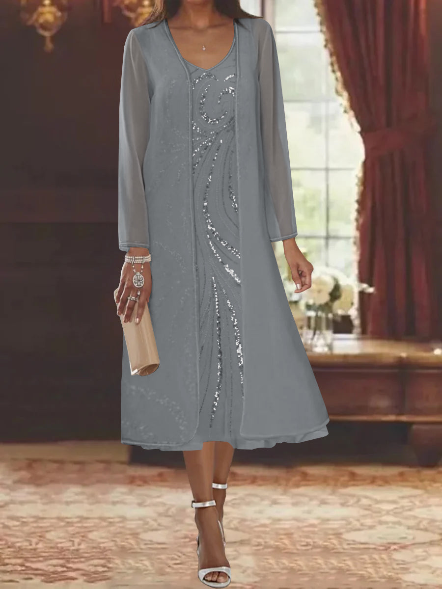 V Neck Long Sleeve Tea Length Mother of the Bride Dress with Jacket and Sequins