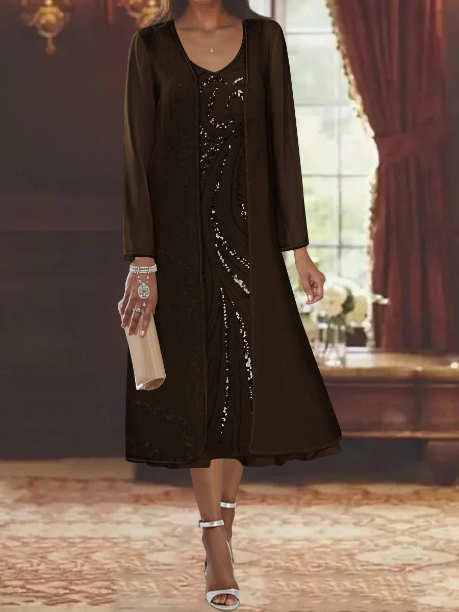 V Neck Long Sleeve Tea Length Mother of the Bride Dress with Jacket and Sequins