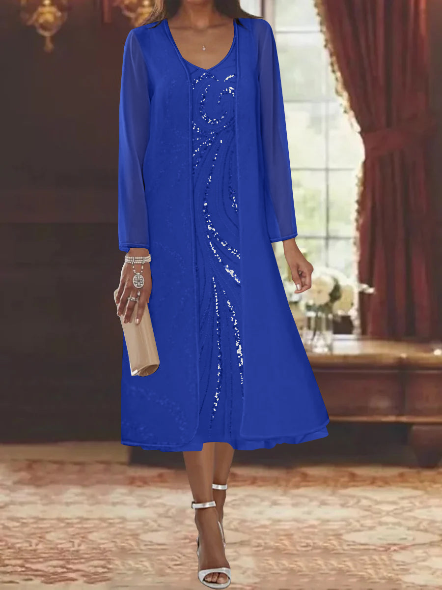 V Neck Long Sleeve Tea Length Mother of the Bride Dress with Jacket and Sequins