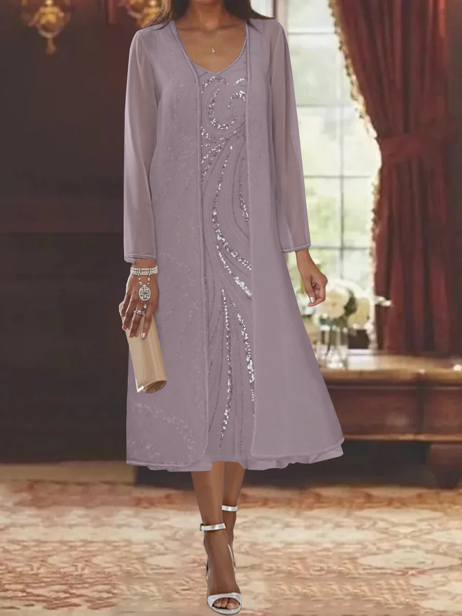 V Neck Long Sleeve Tea Length Mother of the Bride Dress with Jacket and Sequins