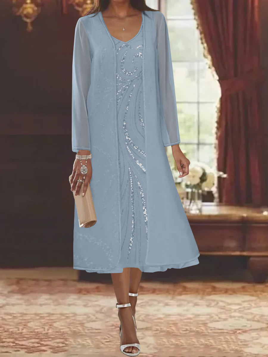 V Neck Long Sleeve Tea Length Mother of the Bride Dress with Jacket and Sequins