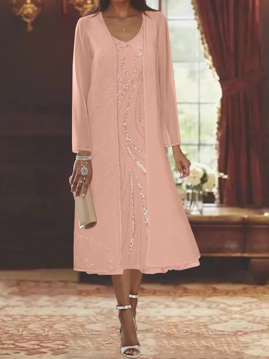 V Neck Long Sleeve Tea Length Mother of the Bride Dress with Jacket and Sequins