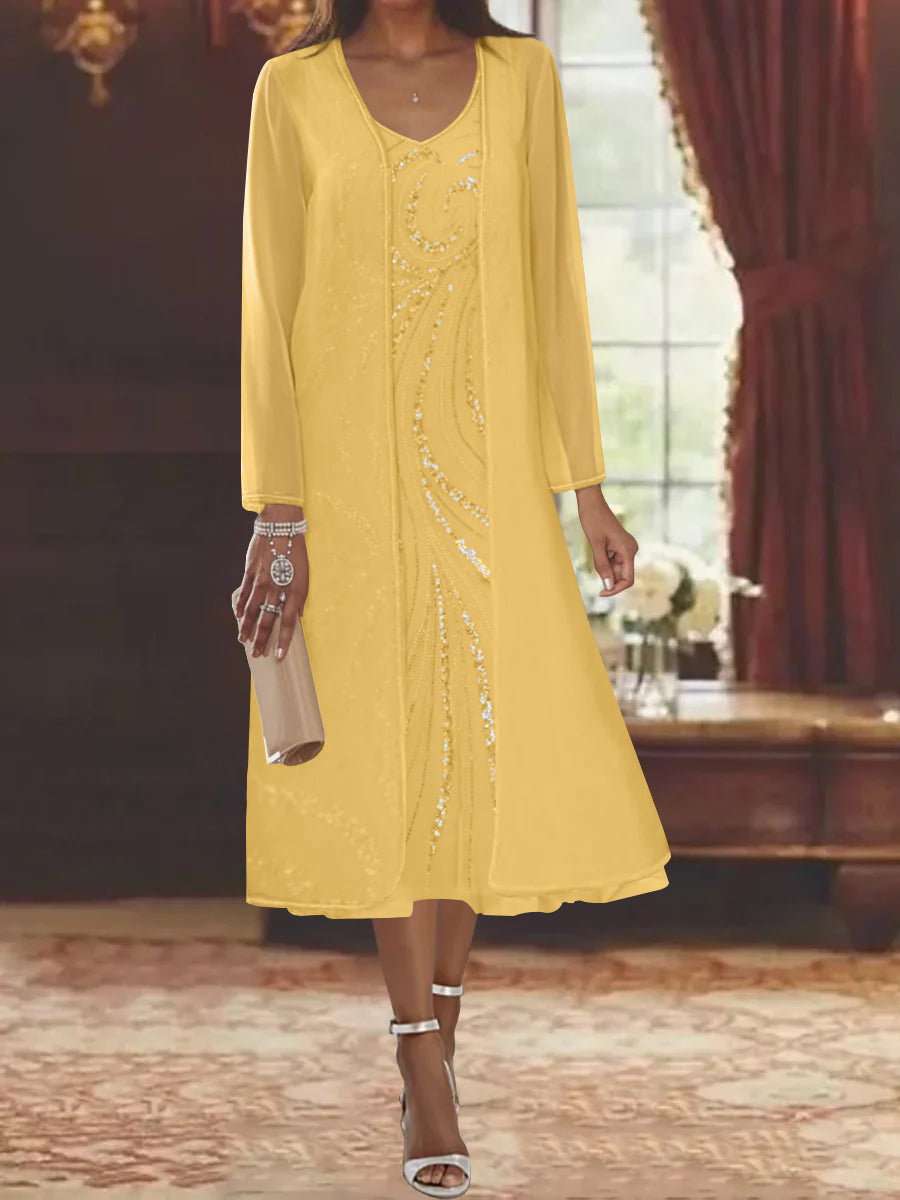 V Neck Long Sleeve Tea Length Mother of the Bride Dress with Jacket and Sequins