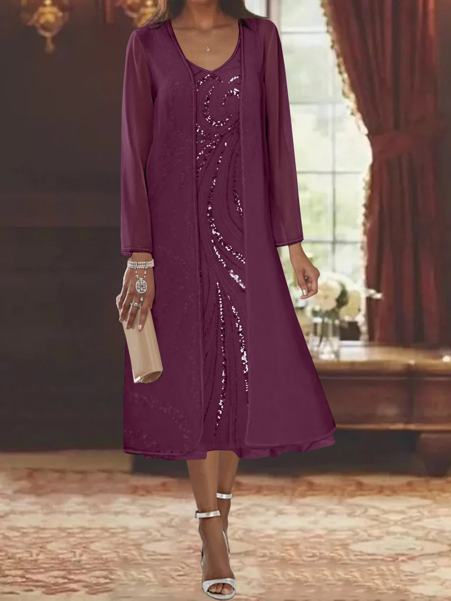 V Neck Long Sleeve Tea Length Mother of the Bride Dress with Jacket and Sequins
