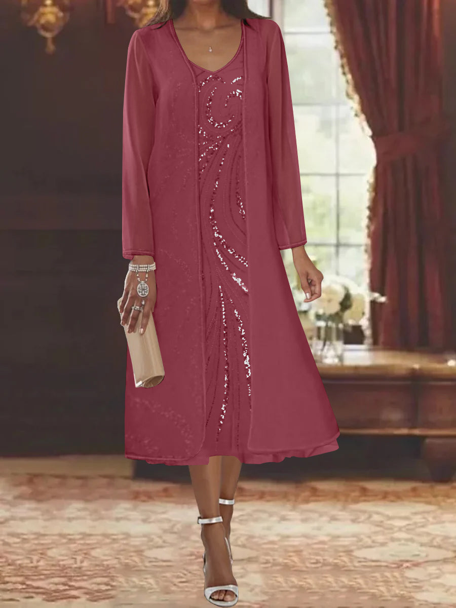V Neck Long Sleeve Tea Length Mother of the Bride Dress with Jacket and Sequins