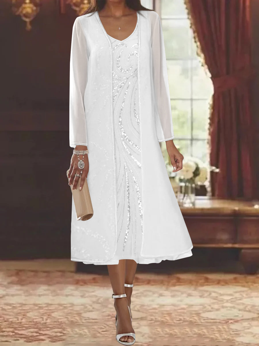V Neck Long Sleeve Tea Length Mother of the Bride Dress with Jacket and Sequins