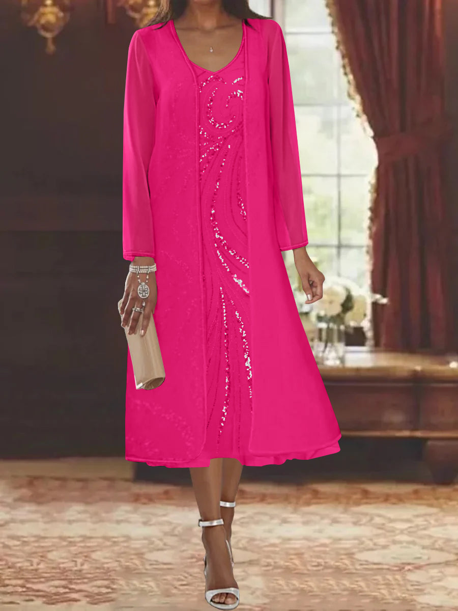 V Neck Long Sleeve Tea Length Mother of the Bride Dress with Jacket and Sequins