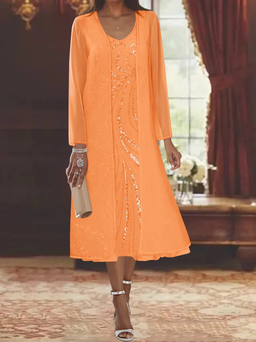 V Neck Long Sleeve Tea Length Mother of the Bride Dress with Jacket and Sequins