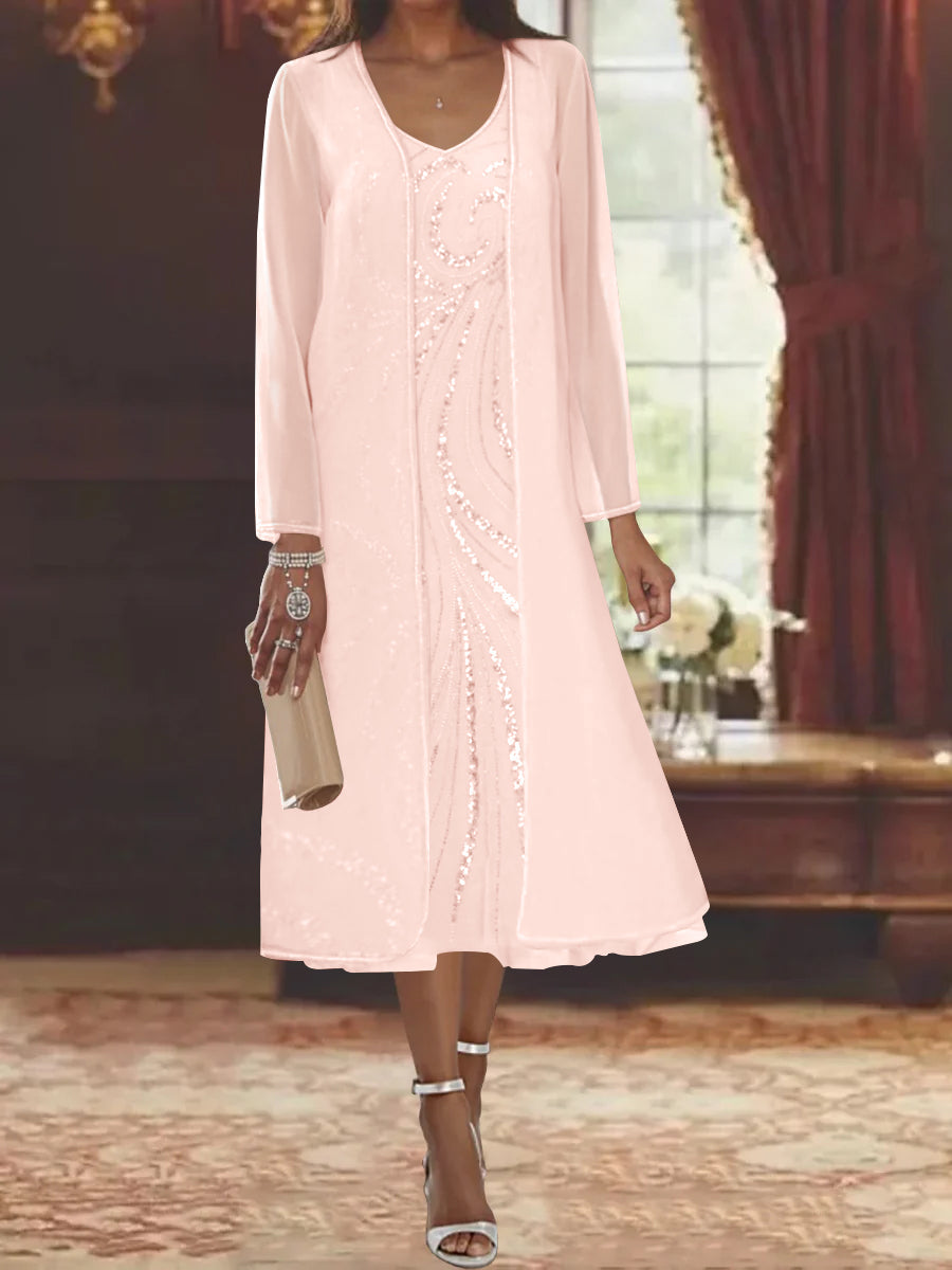 V Neck Long Sleeve Tea Length Mother of the Bride Dress with Jacket and Sequins
