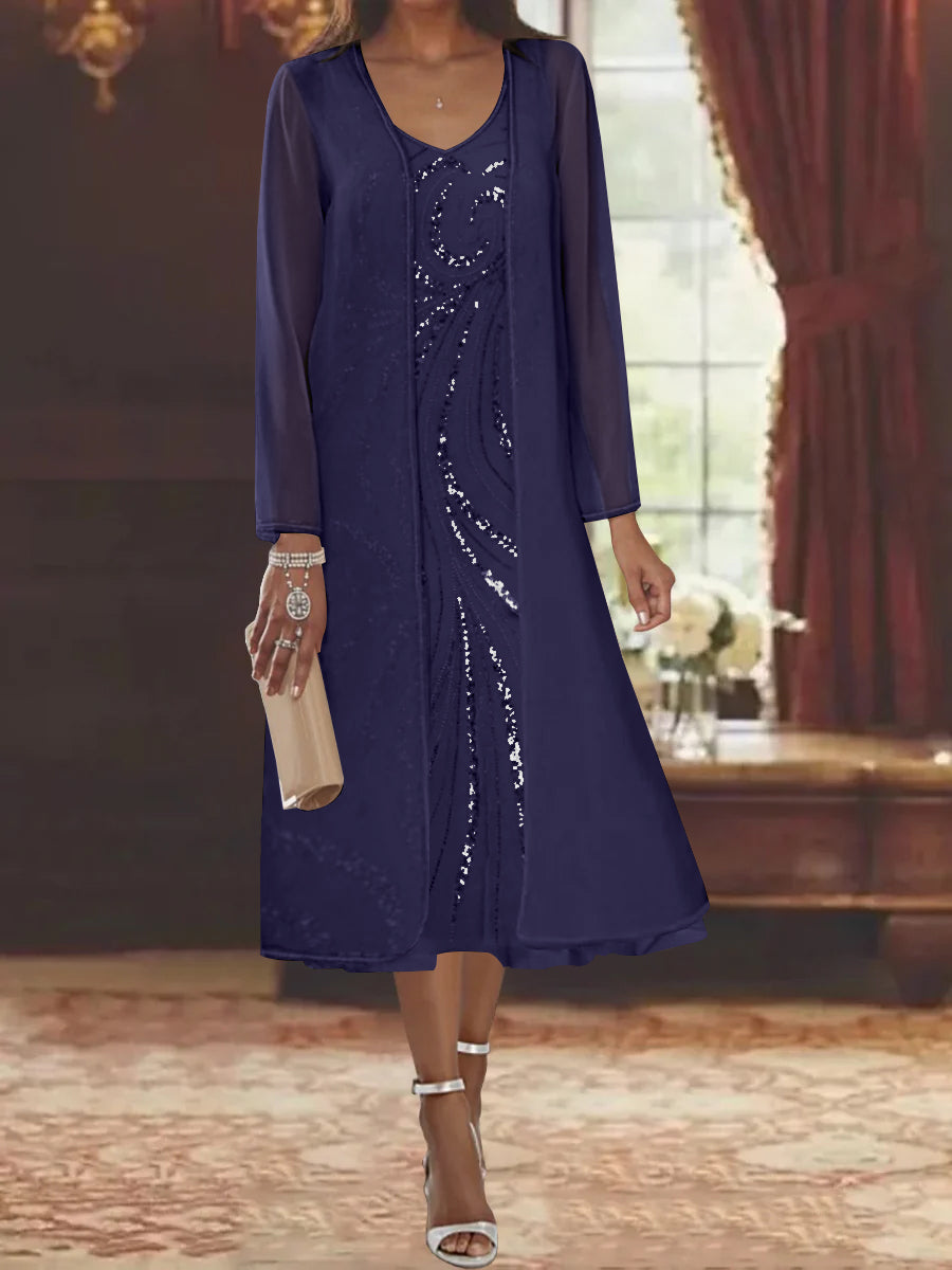 V Neck Long Sleeve Tea Length Mother of the Bride Dress with Jacket and Sequins