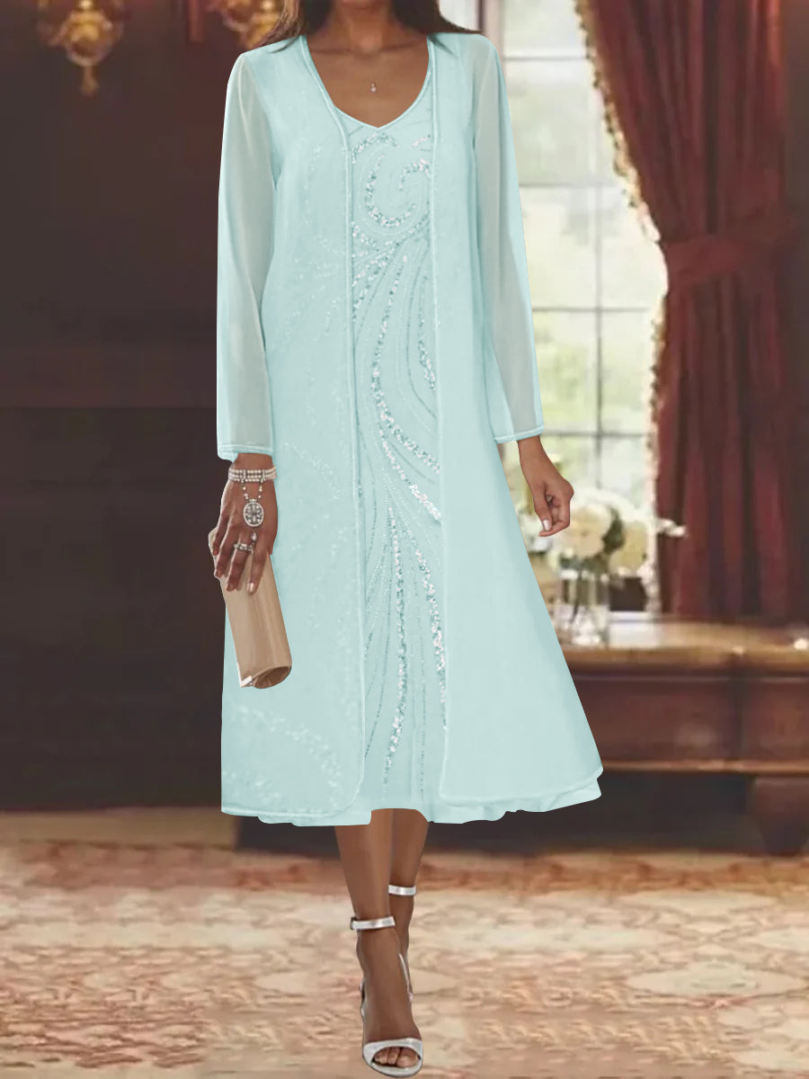 V Neck Long Sleeve Tea Length Mother of the Bride Dress with Jacket and Sequins